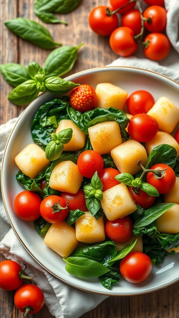 Vegan gnocchi with spinach and cherry tomatoes, garnished with basil on a rustic table.